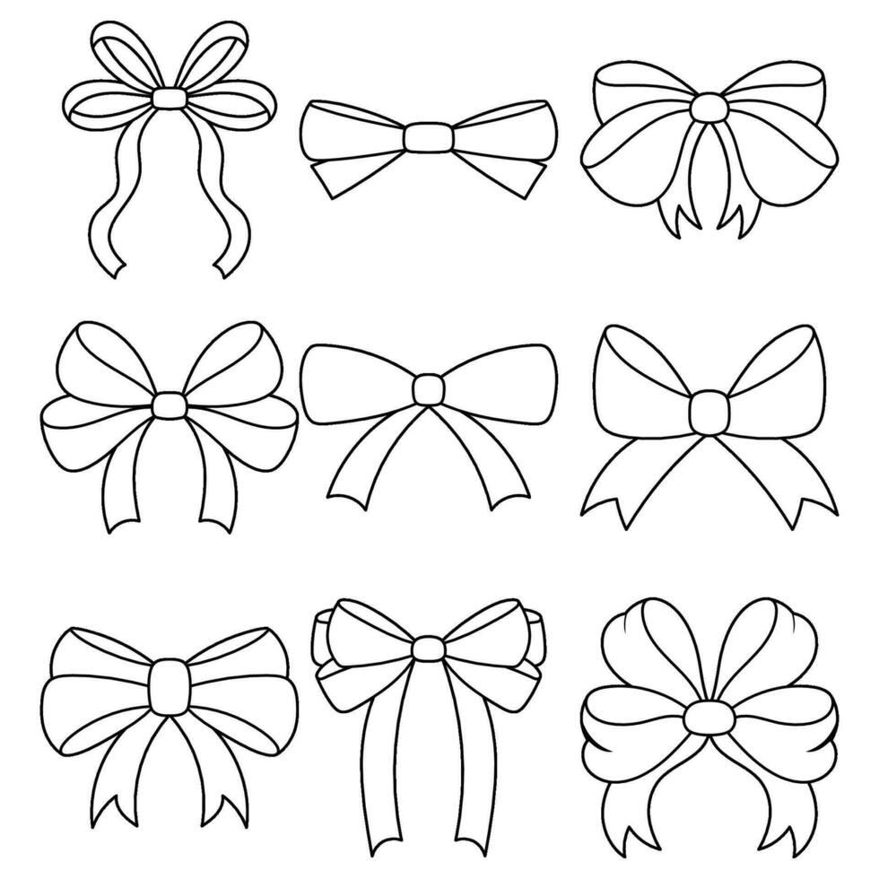 adorable garabatear cinta arcos en un sencillo negro y blanco paleta. mano dibujado plano estilo ideal para decorativo usar. grande conjunto de pajaritas para diseño necesidades. vector