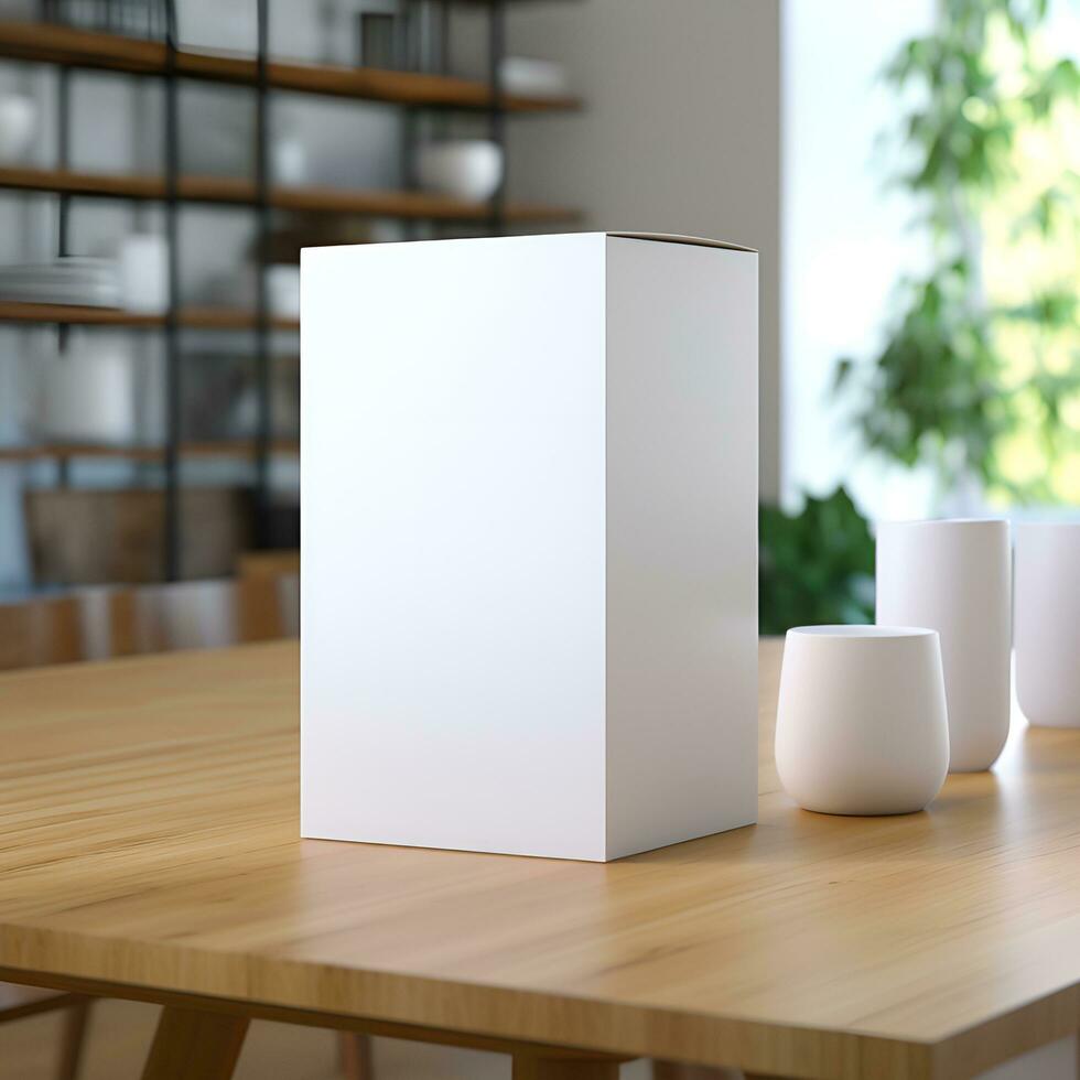 AI generated Blank white paper box mockup on table photo