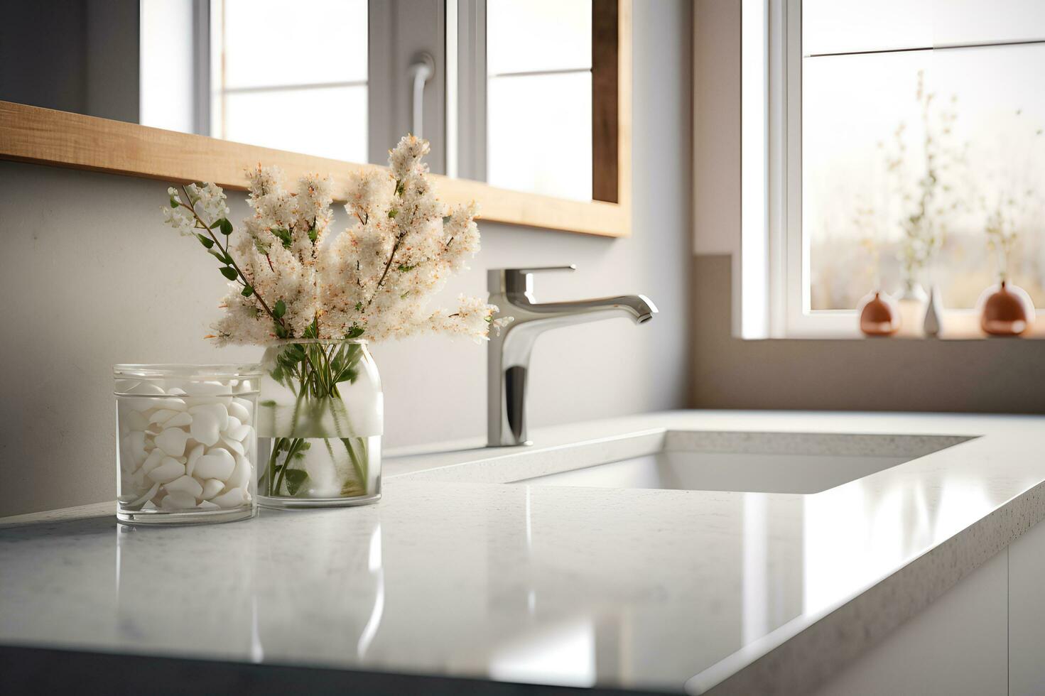 AI generated Bathroom countertop with sink and flower photo