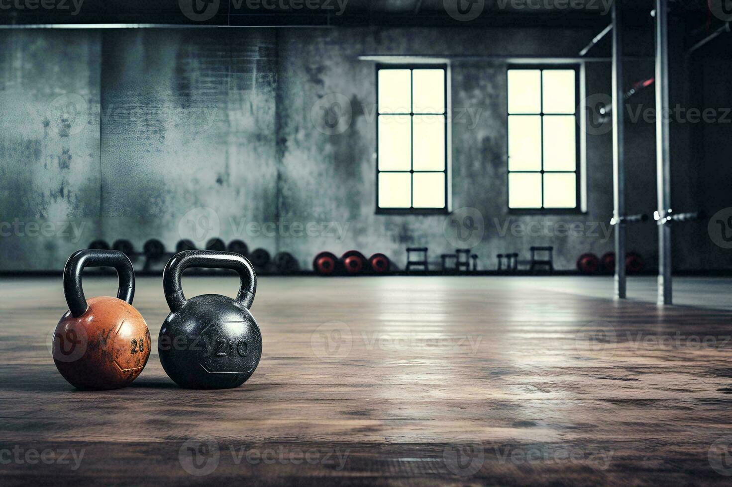 AI generated Kettlebell in sport fitness gym background photo
