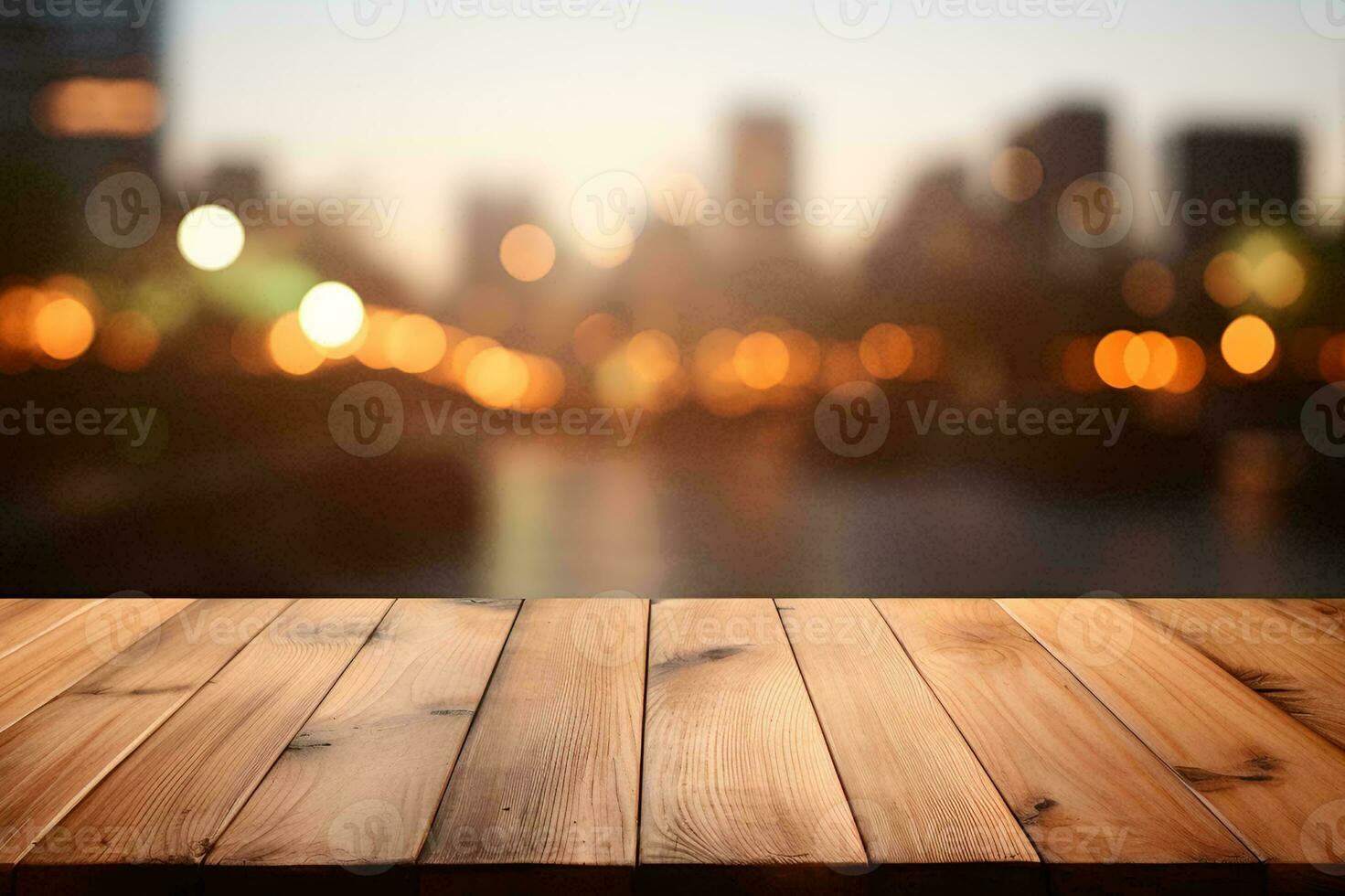 AI generated Wood table with bokeh light cityscape background photo