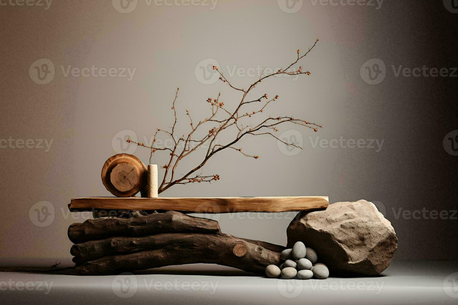 AI generated Wood podium with stones, tree trunk and twig decoration on dark background photo