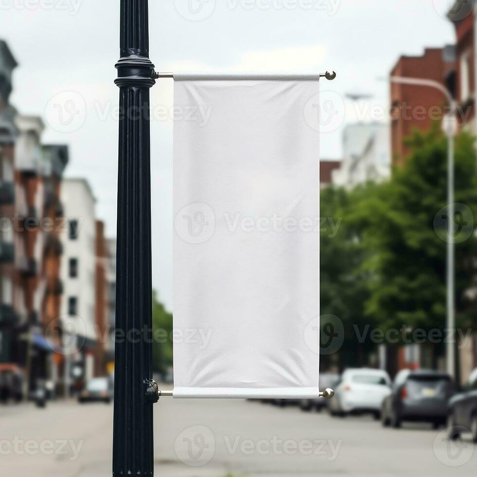 AI generated Blank white lamp post pole banner for design mockup photo