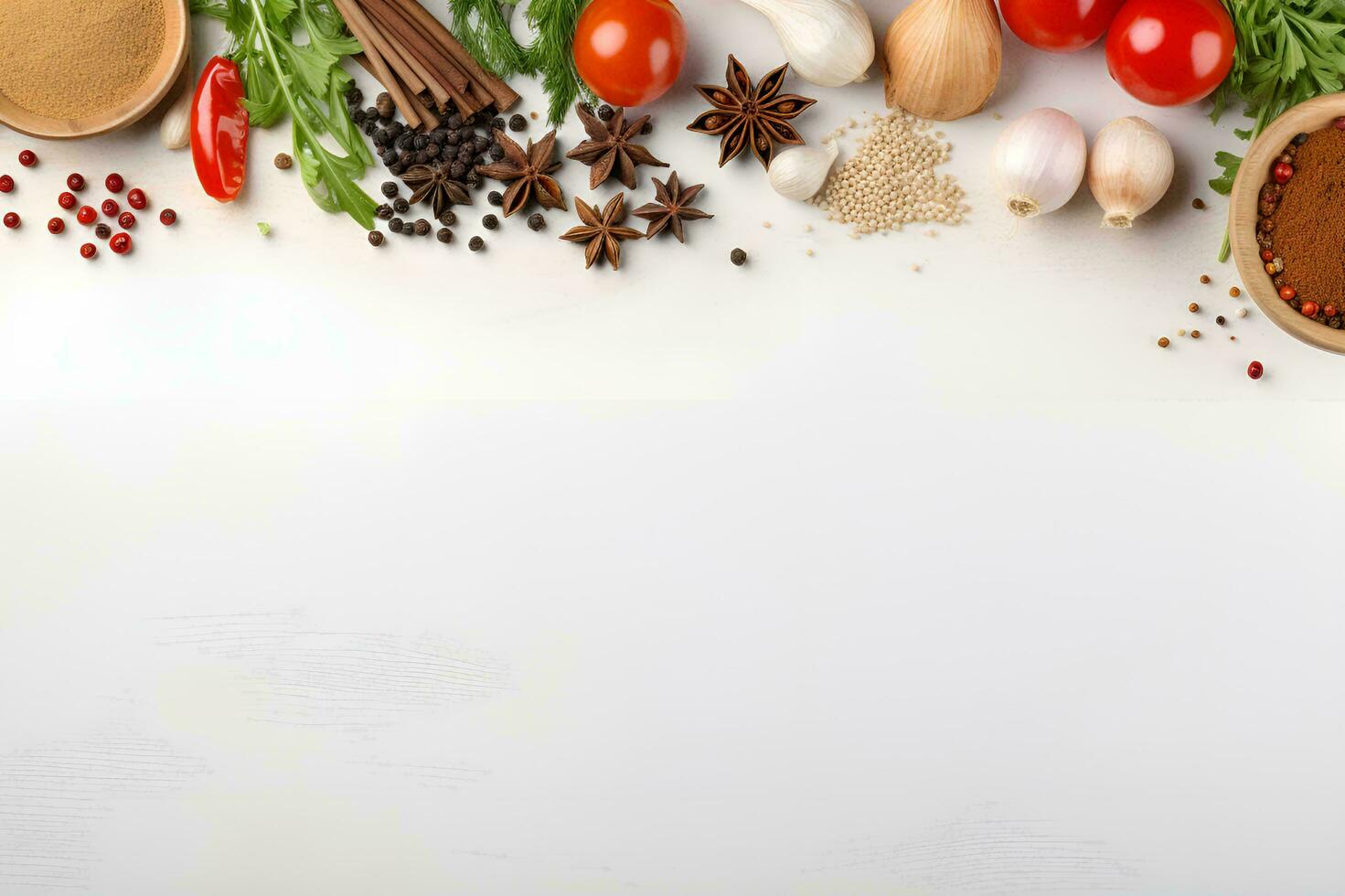 ai generado hierbas, especias y ingredientes para Cocinando en blanco antecedentes foto