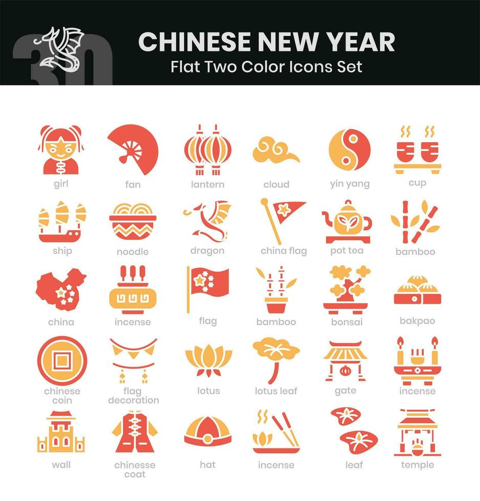 Chinese New Year Icons Bundle. Flat two colored icons style. Vector illustration