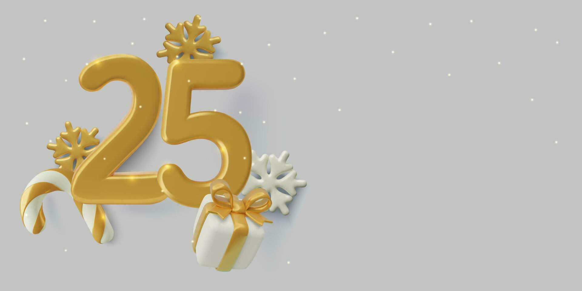 3D 25 number with gold Christmas decorations - holiday background for sales and promotions. Winter snowflakes, candy cane and gift box. Three dimensional vector objects.