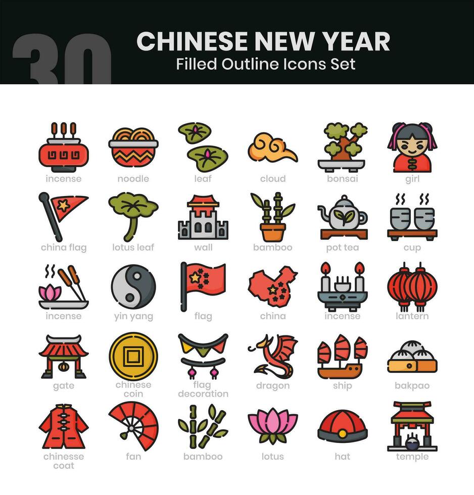 Chinese New Year Icons Bundle. Filled outline icon style. Vector illustration