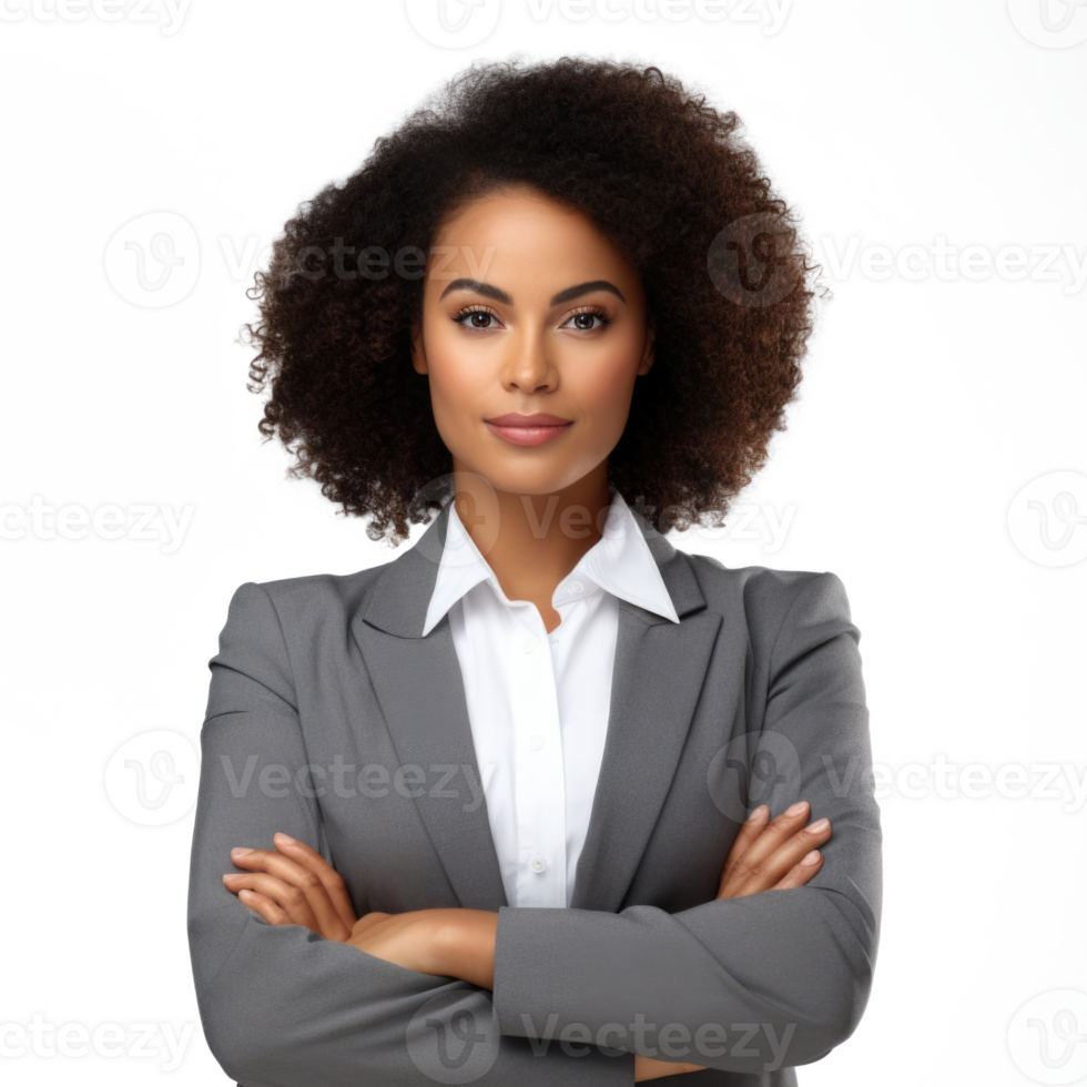 AI generated Portrait of confident black woman with crossed arms on her chest looking at camera. Smiling african american businesswoman isolated on transparent background. png