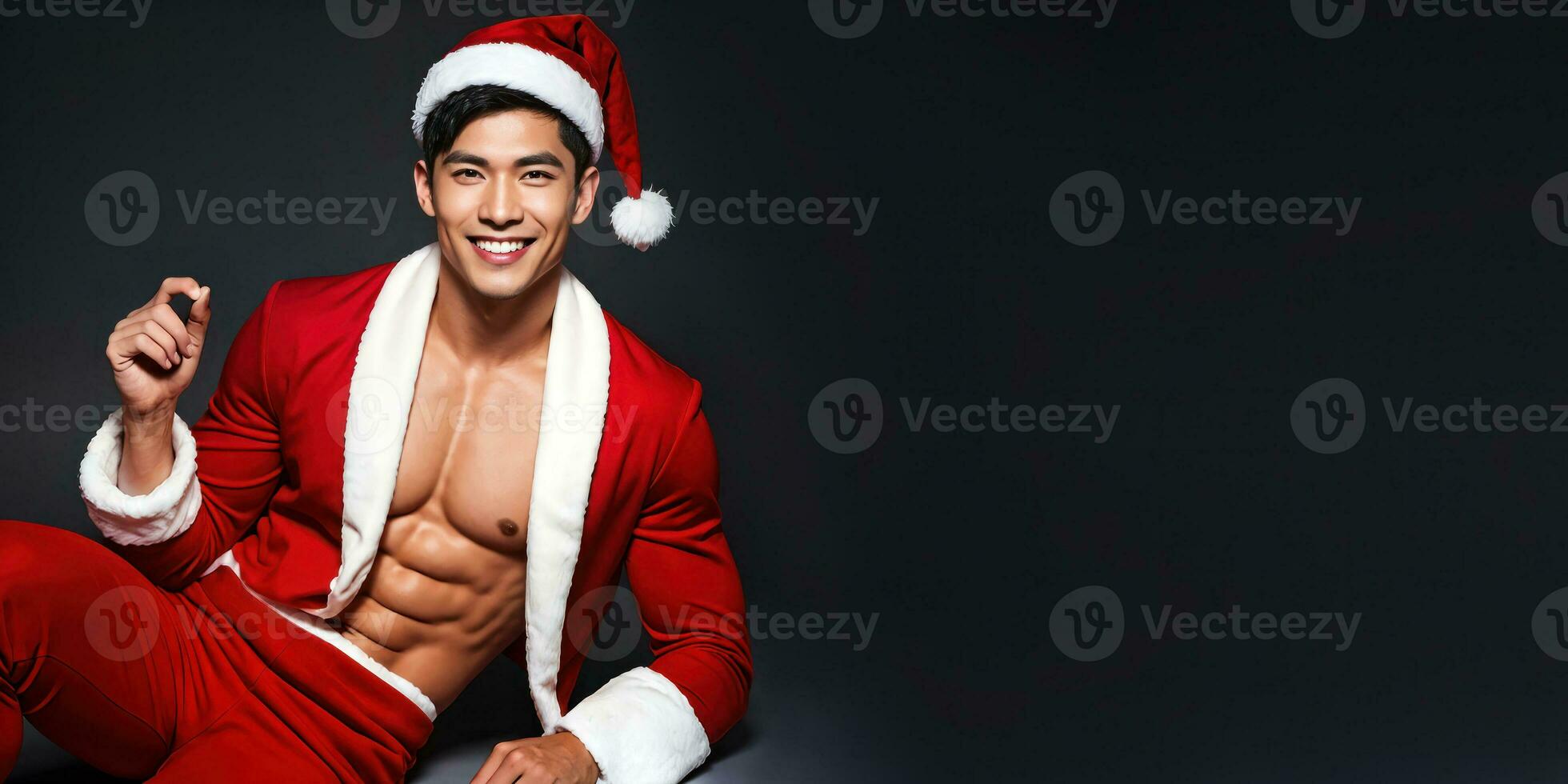 ai generado alegre hombre con regalo por Navidad árbol foto