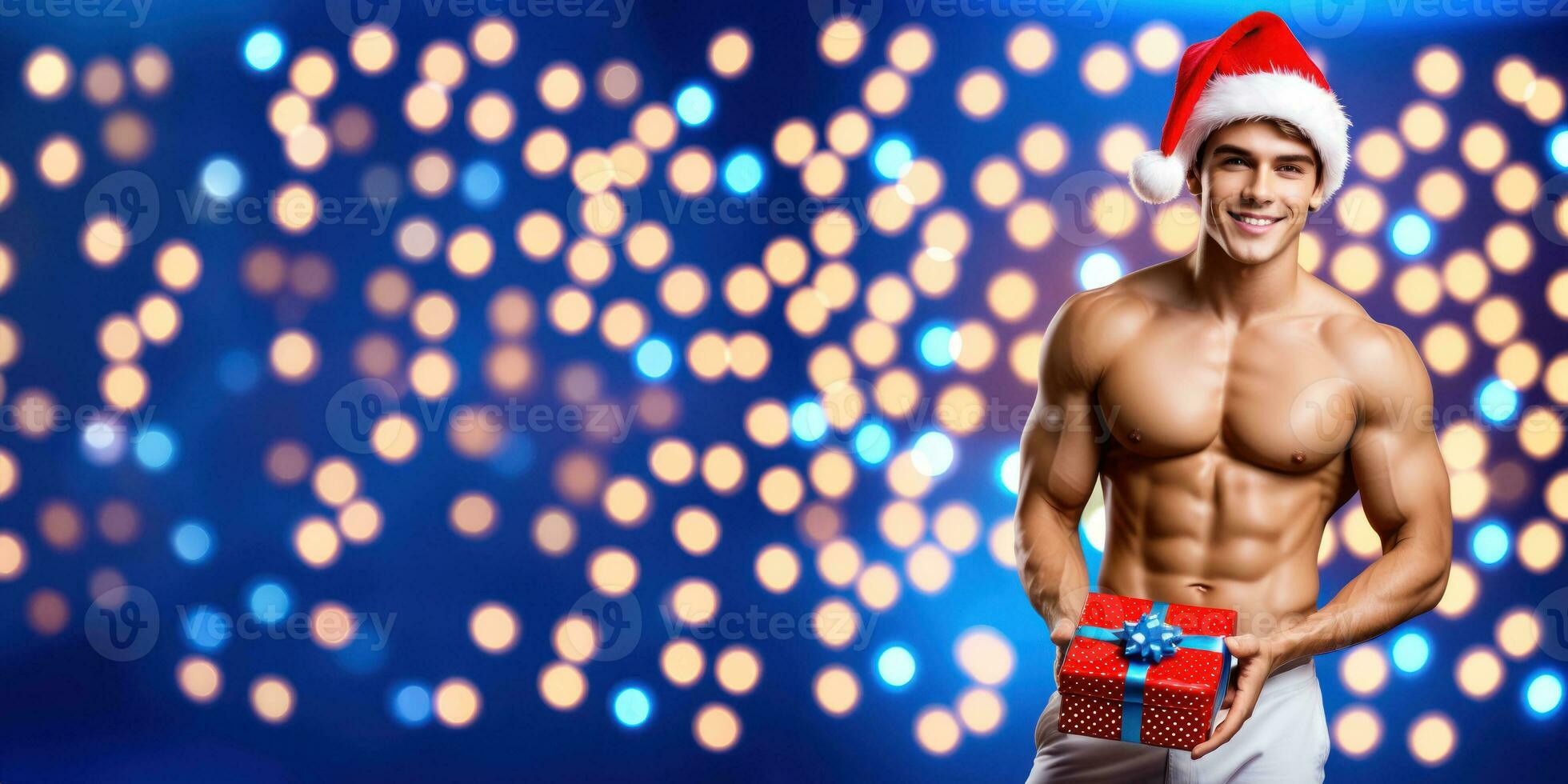 AI generated Joyful Man with Gift by Christmas Tree photo