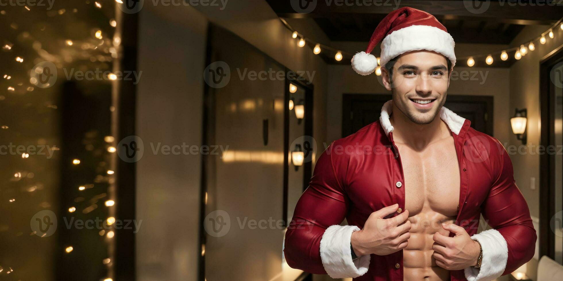 ai generado alegre hombre con regalo por Navidad árbol foto