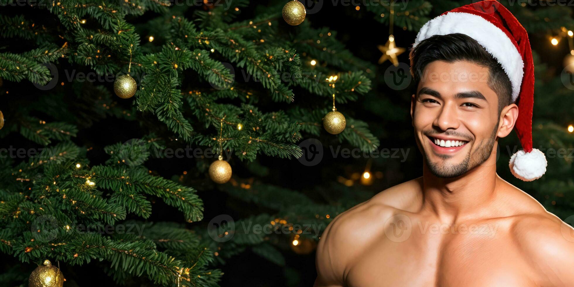 AI generated Joyful Man with Gift by Christmas Tree photo