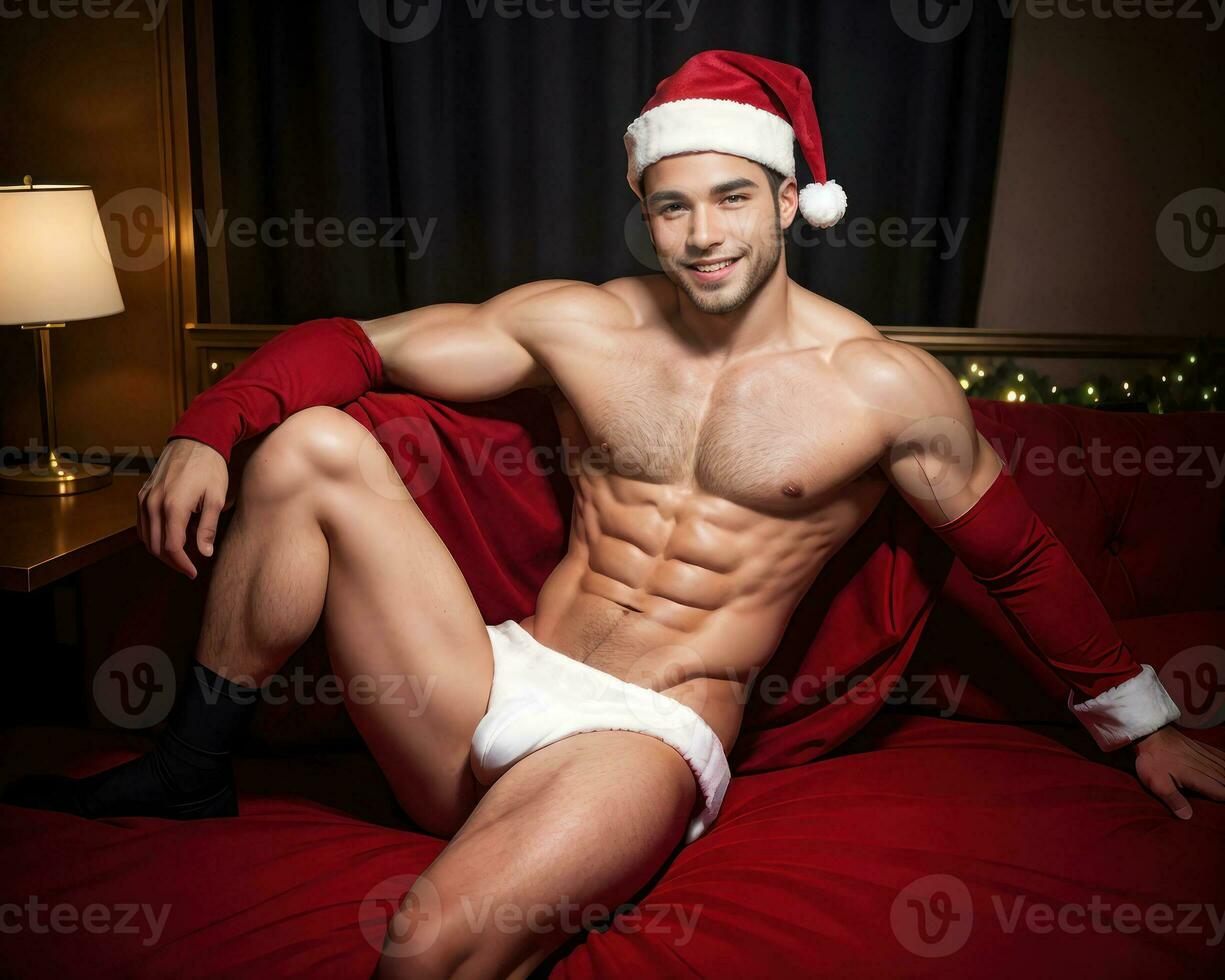 AI generated Joyful Man with Gift by Christmas Tree photo