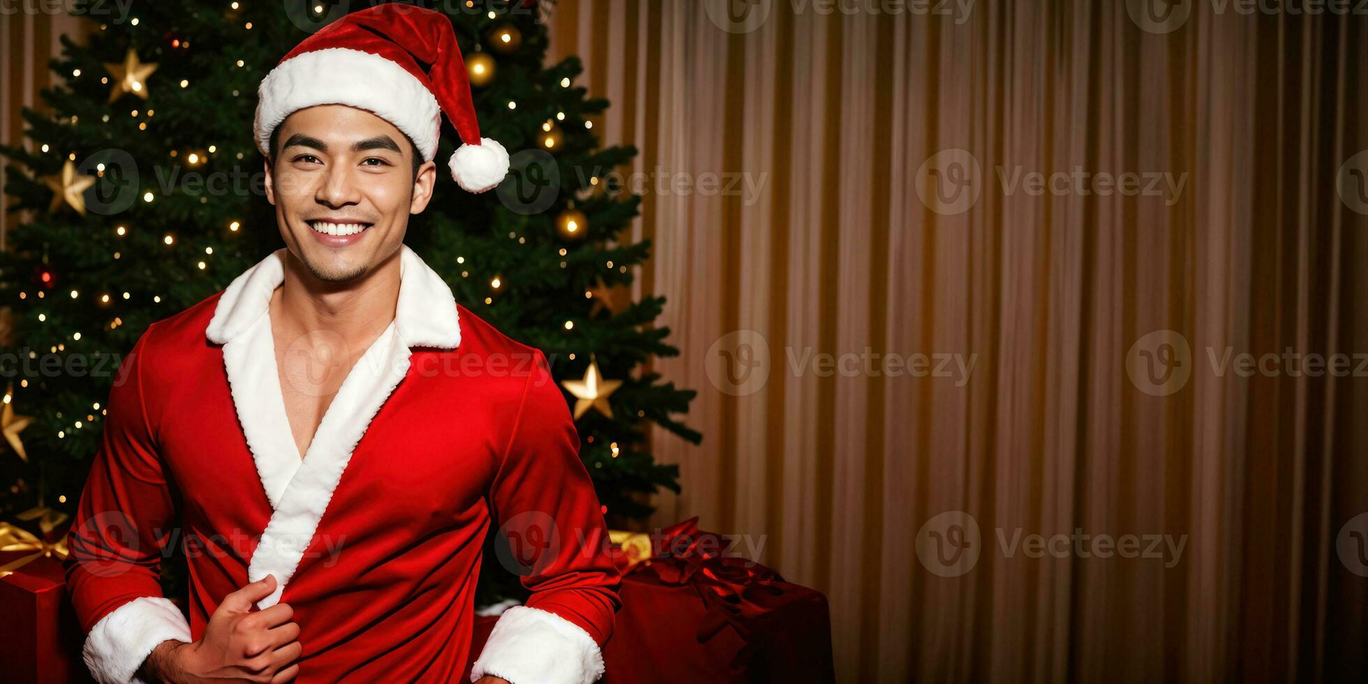 ai generado alegre hombre con regalo por Navidad árbol foto