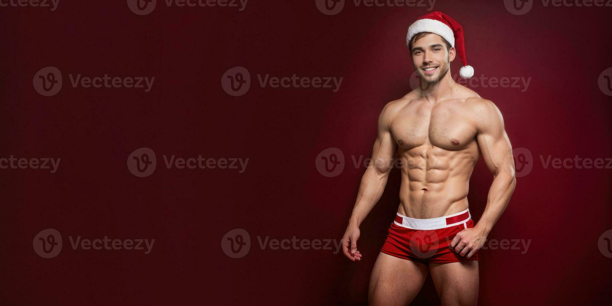 AI generated Joyful Man with Gift by Christmas Tree photo