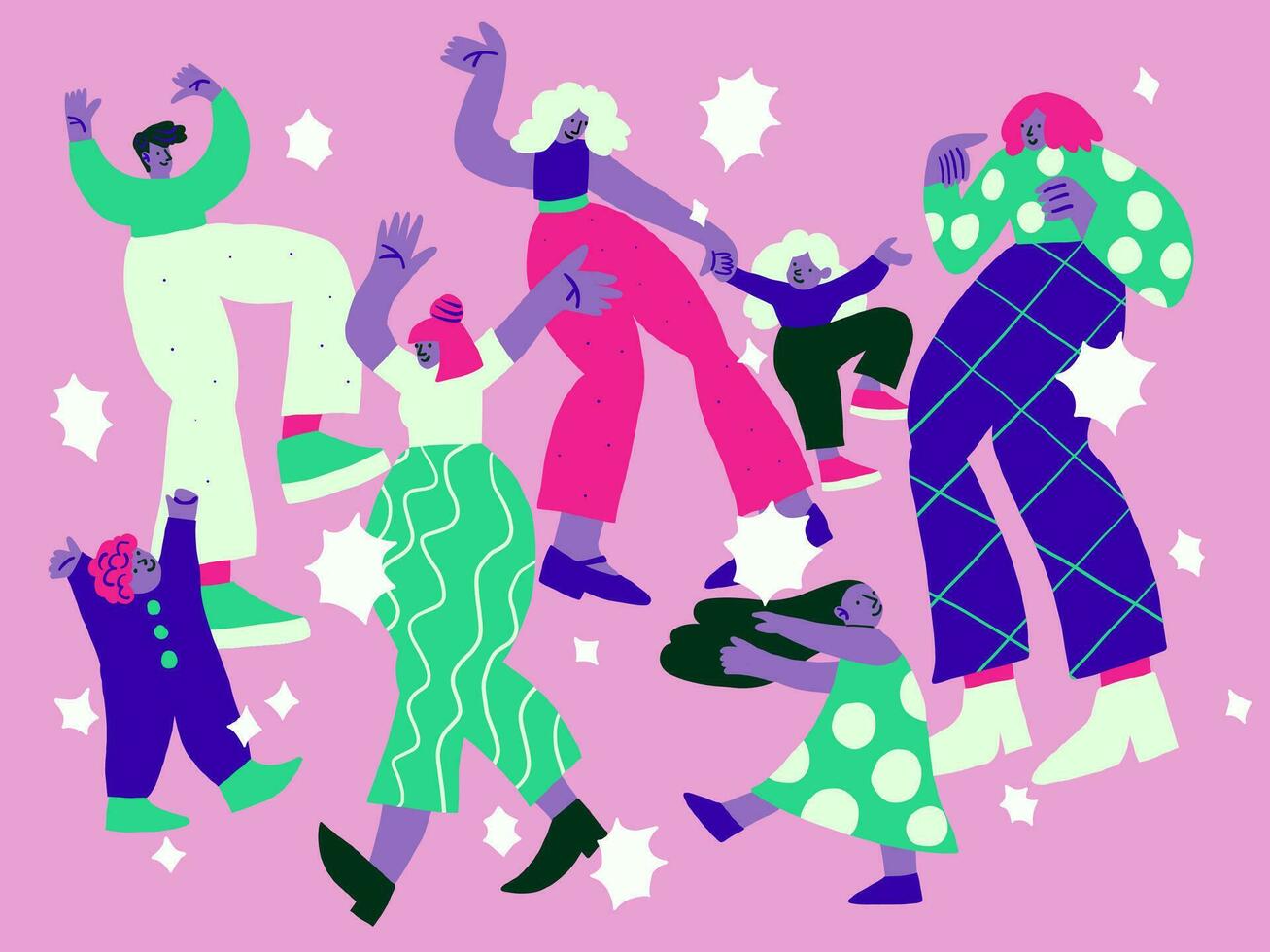 Vector illustration with dancing people with stars on violet background. Dancing people doodles. Happy family, party people