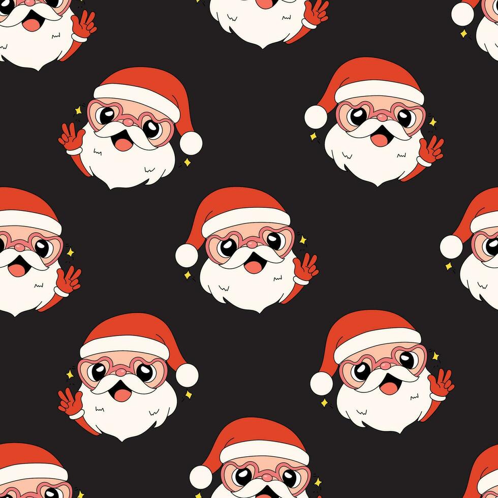 Groovy Black Seamless pattern with happy Santa, peace sign fingers. Retro Merry Christmas Seamless background. Cartoon Santa head vintage style. vector