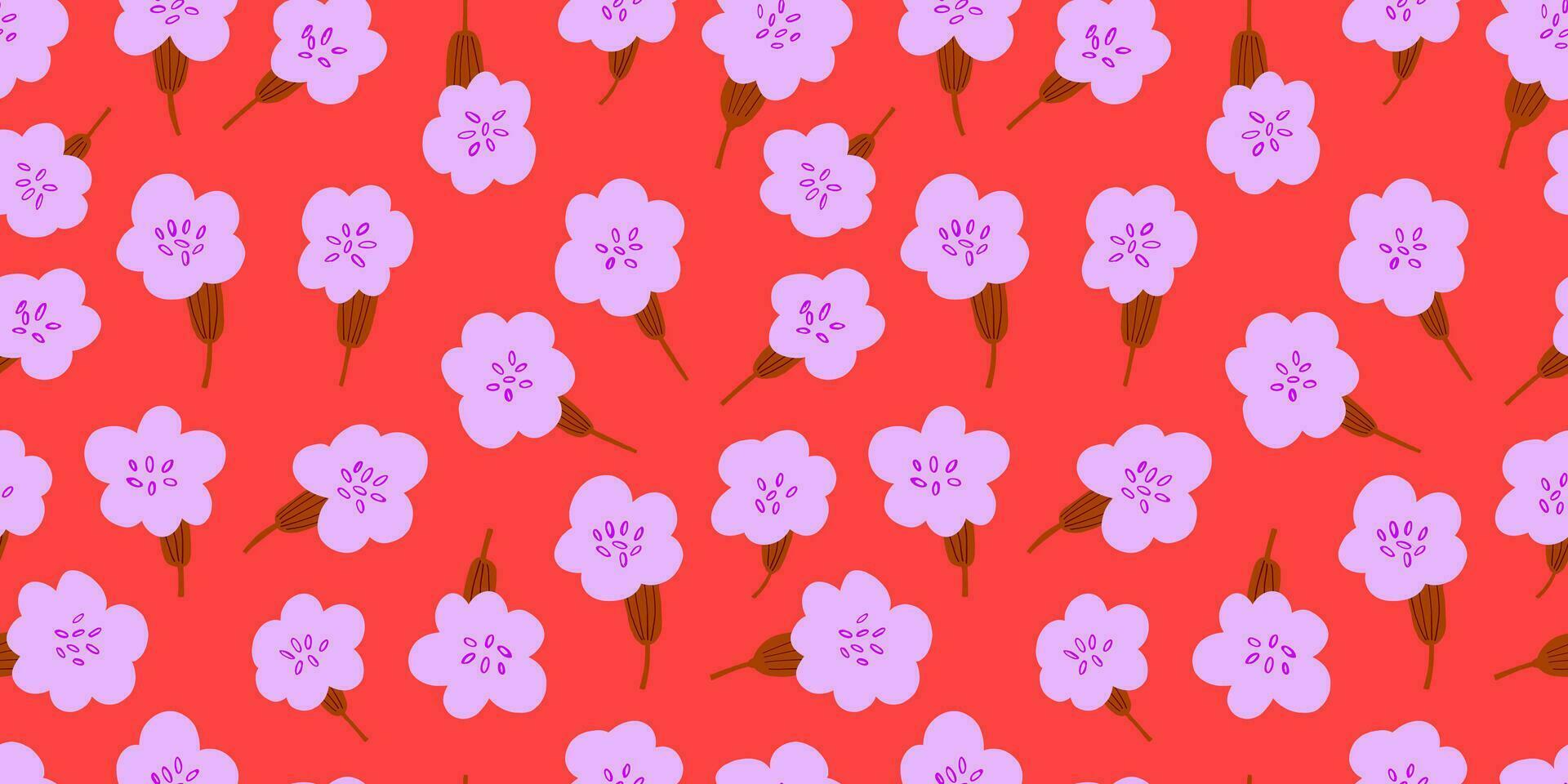 Simple vector seamless pattern with spring flowers on red. Ditsy flowers pattern