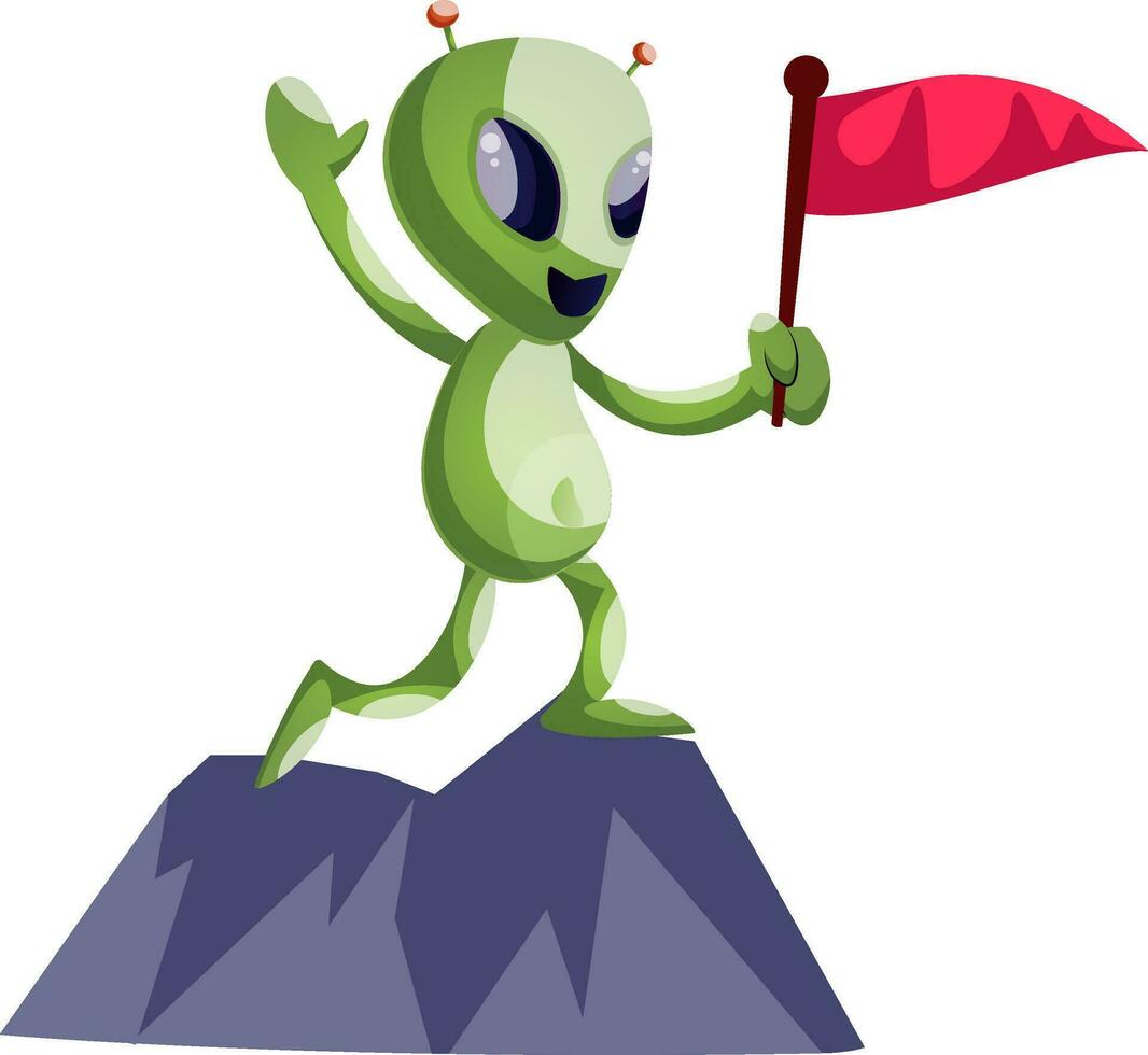 Alien with flag, illustration, vector on white background.