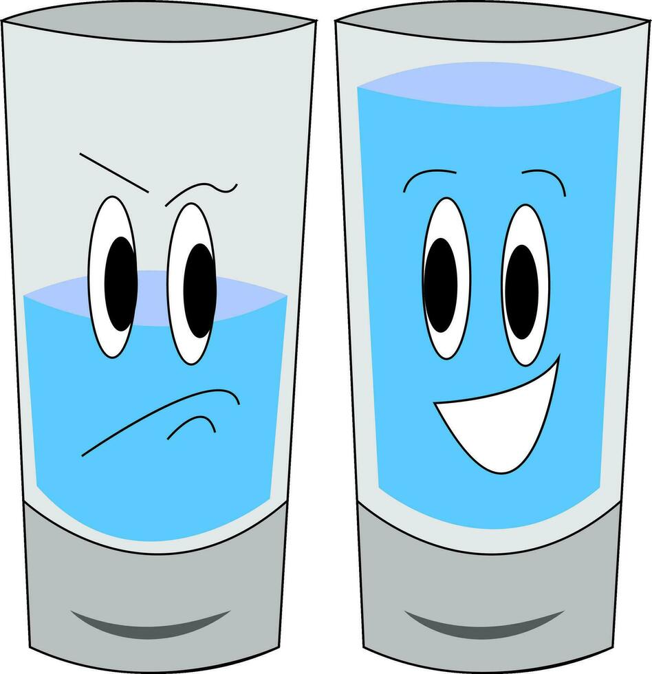 Vector illustration of a sad half-full glass of water and a happy  full glass of water  white background