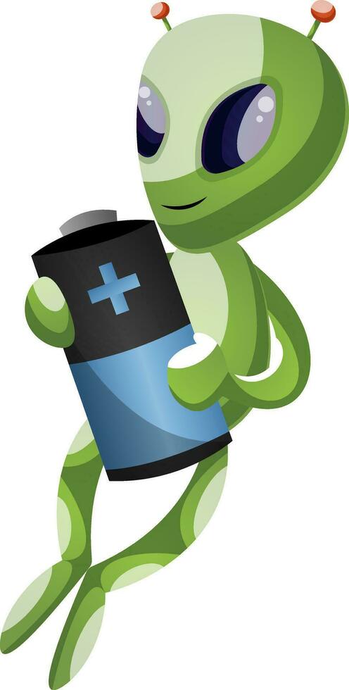 Alien with battery, illustration, vector on white background.