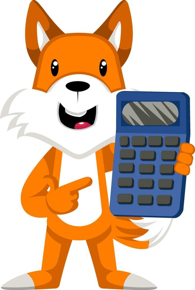 Fox with calculator, illustration, vector on white background.