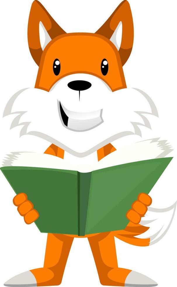 Fox reading book, illustration, vector on white background.