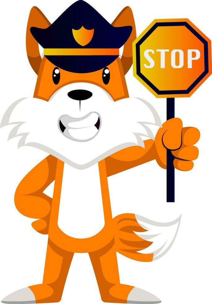Fox with stop sign, illustration, vector on white background.