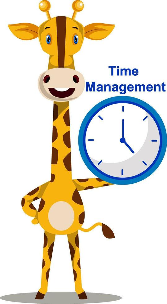 Giraffe with clock, illustration, vector on white background.