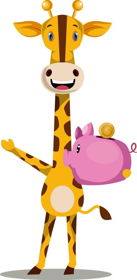 Giraffe with piggy bank, illustration, vector on white background.