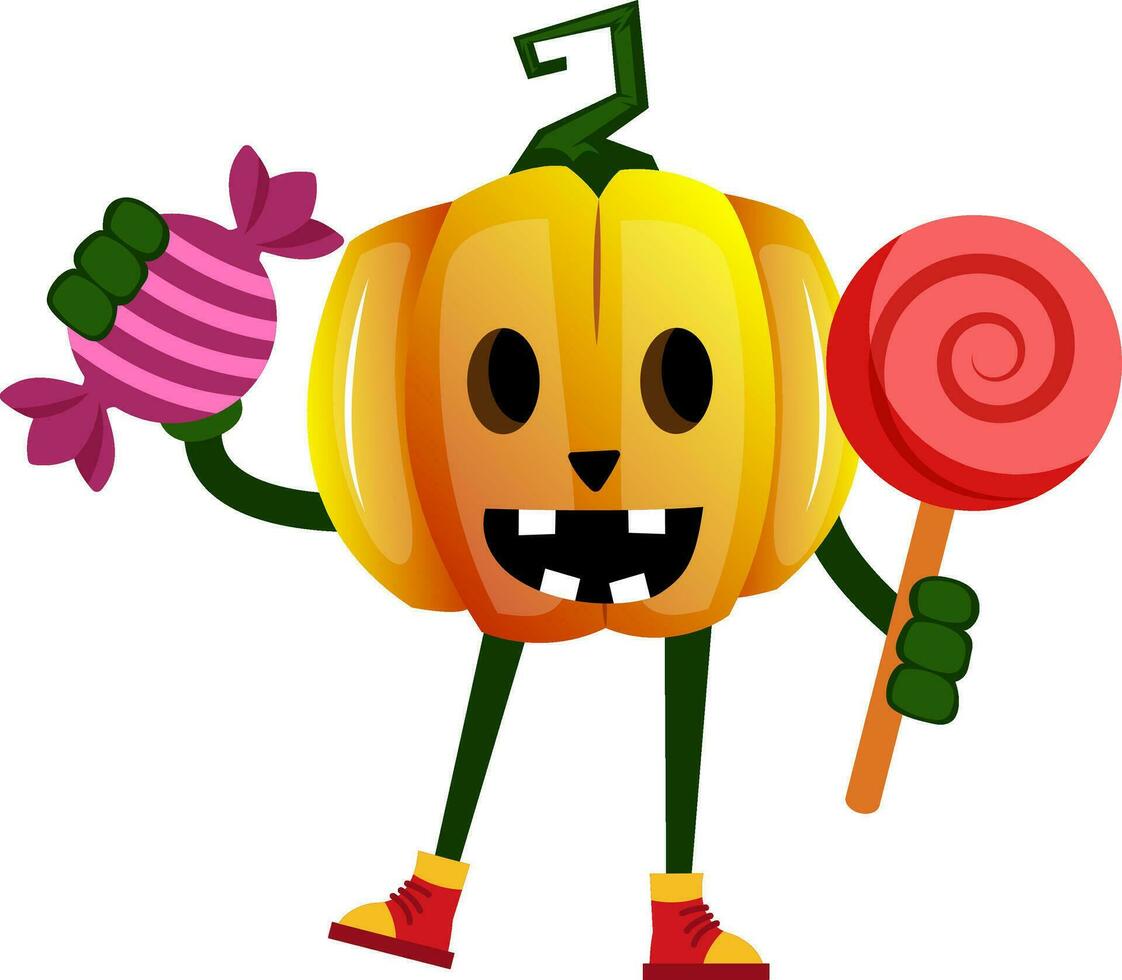 Pumpkin with candy, illustration, vector on white background.