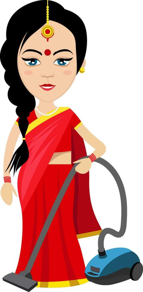 mujer india con aspiradora, ilustración, vector sobre fondo blanco.