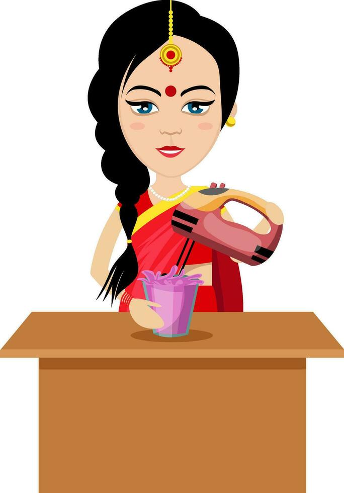 Indian woman mixing , illustration, vector on white background.