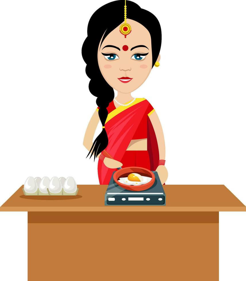 mujer india haciendo huevos, ilustración, vector sobre fondo blanco.