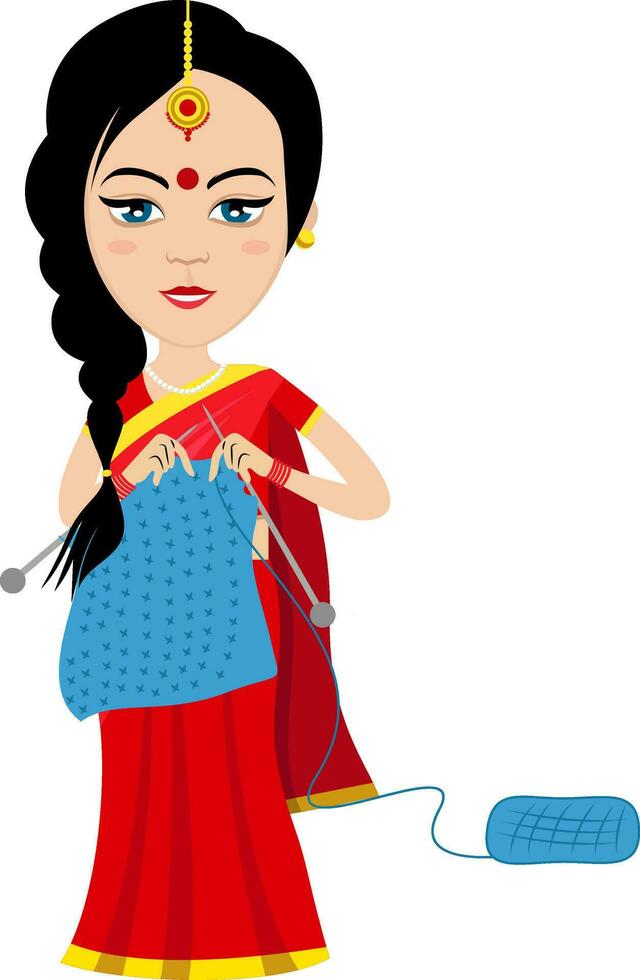 Indian woman kniting , illustration, vector on white background.