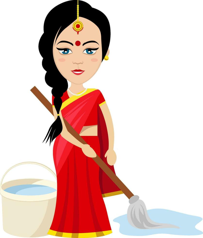Indian woman moping , illustration, vector on white background
