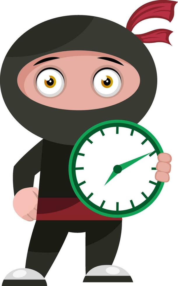 Ninja with green clock, illustration, vector on white background.