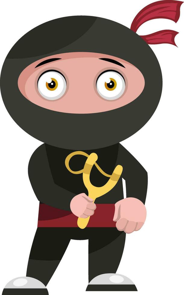 Ninja con tirachinas, ilustración, vector sobre fondo blanco.