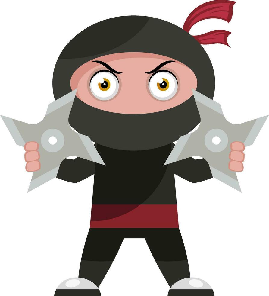 Ninja con shurikens, ilustración, vector sobre fondo blanco.