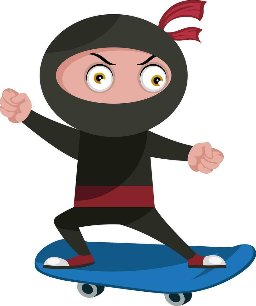 Ninja con monopatín, ilustración, vector sobre fondo blanco.