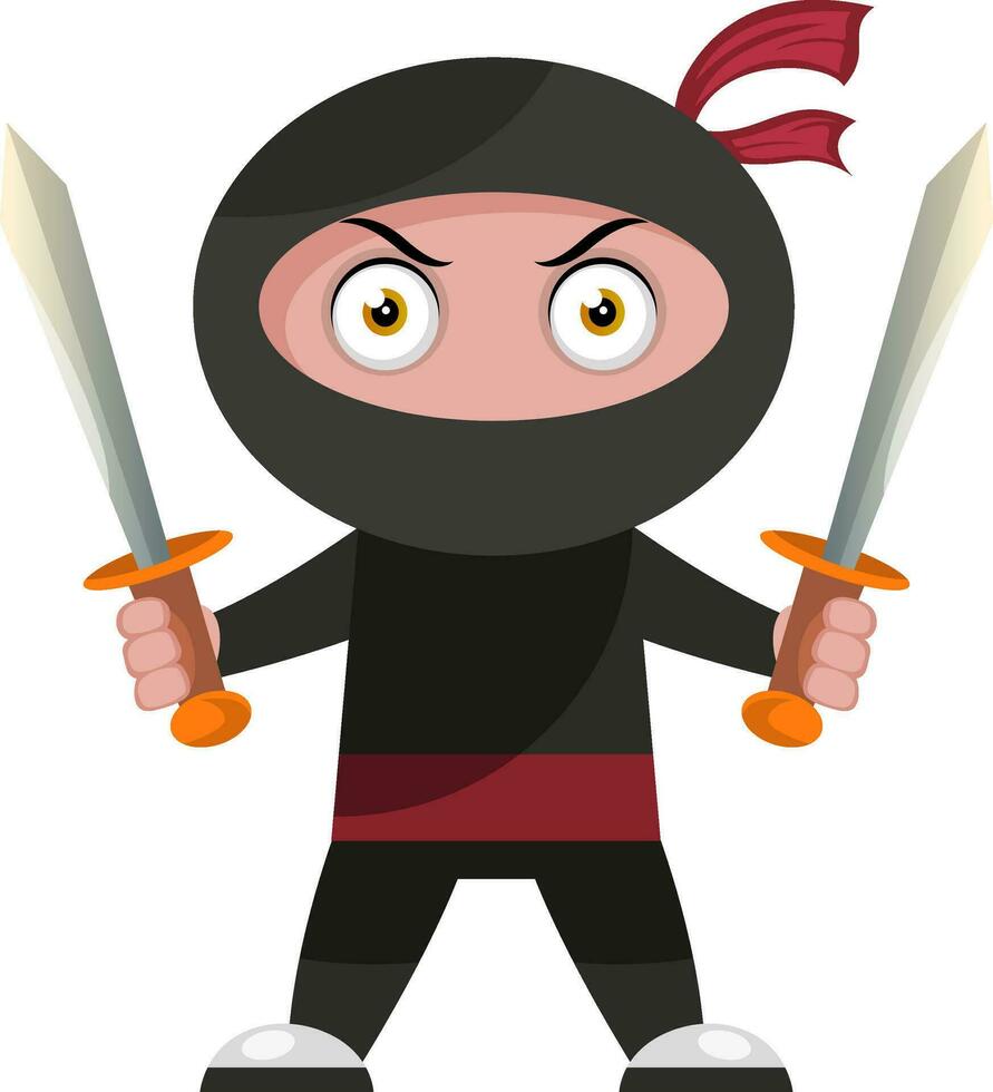 Ninja con dos espadas, ilustración, vector sobre fondo blanco.