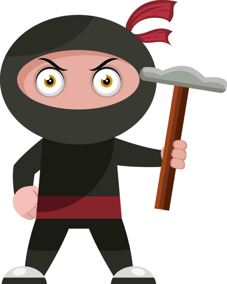 Ninja con martillo, ilustración, vector sobre fondo blanco.