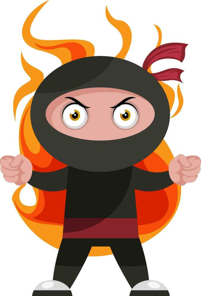 Ninja on fire, illustration, vector on white background.