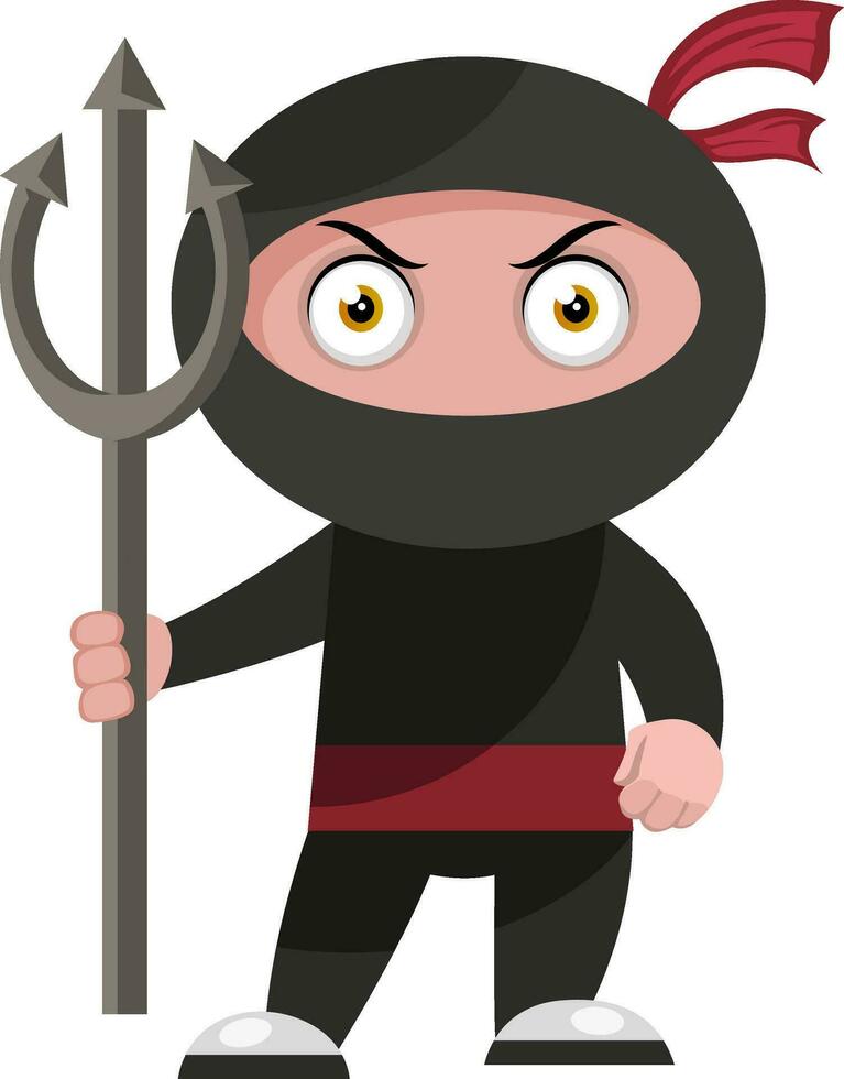 Ninja with devil spear, illustration, vector on white background.