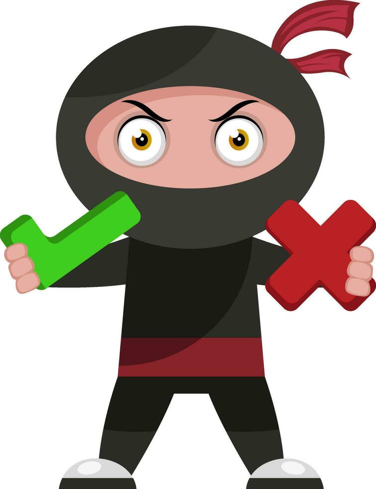 Ninja with yes and no icon, illustration, vector on white background.