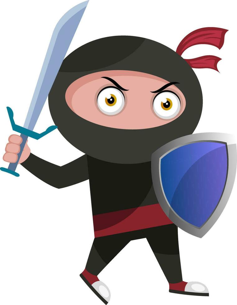 Ninja con escudo, ilustración, vector sobre fondo blanco.