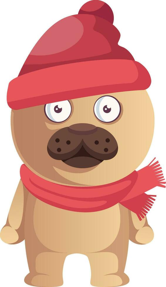 Pug with scarf and hat, illustration, vector on white background.