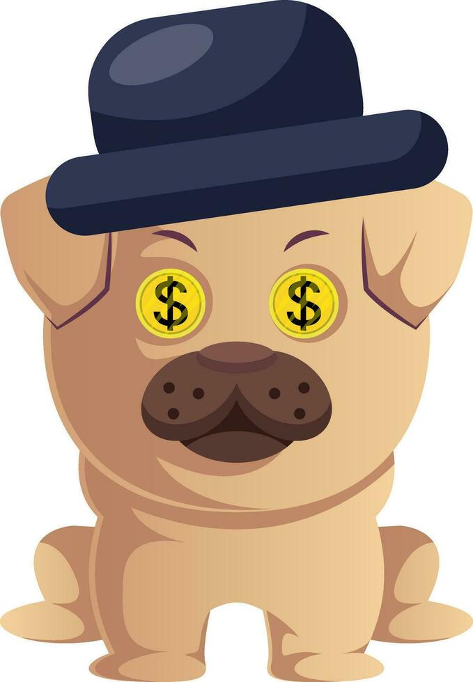 Pug with hat, illustration, vector on white background.