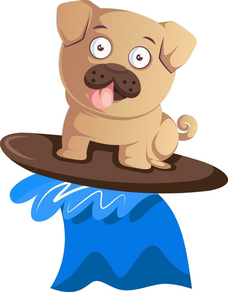 Pug surfing, illustration, vector on white background.