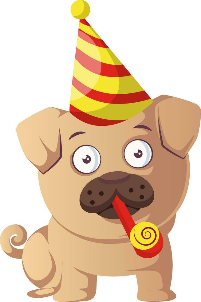 Pug with funny hat, illustration, vector on white background.